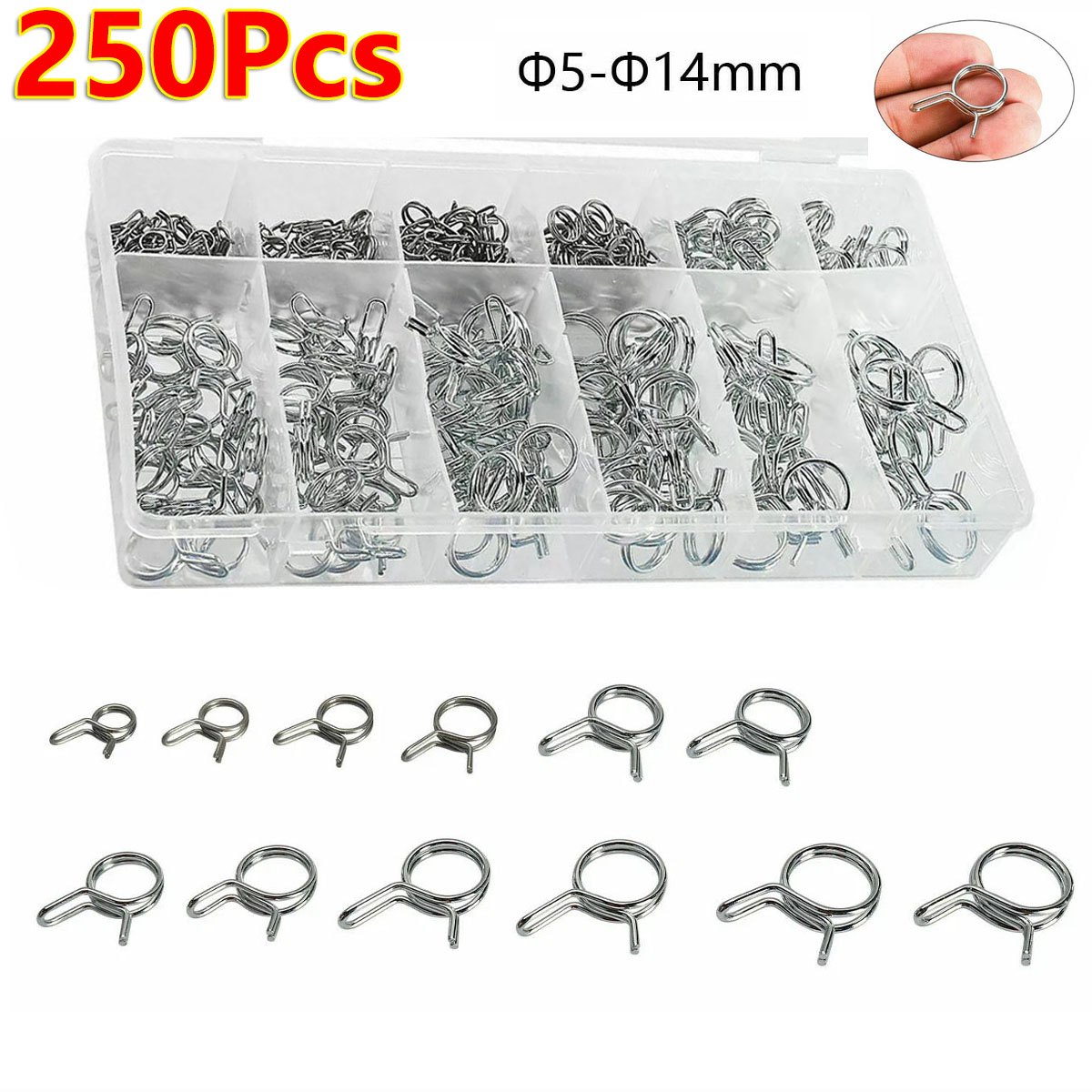 Hose Clamp Assorted - 250Pcs 5-14mm Wire Fuel Line Hose
